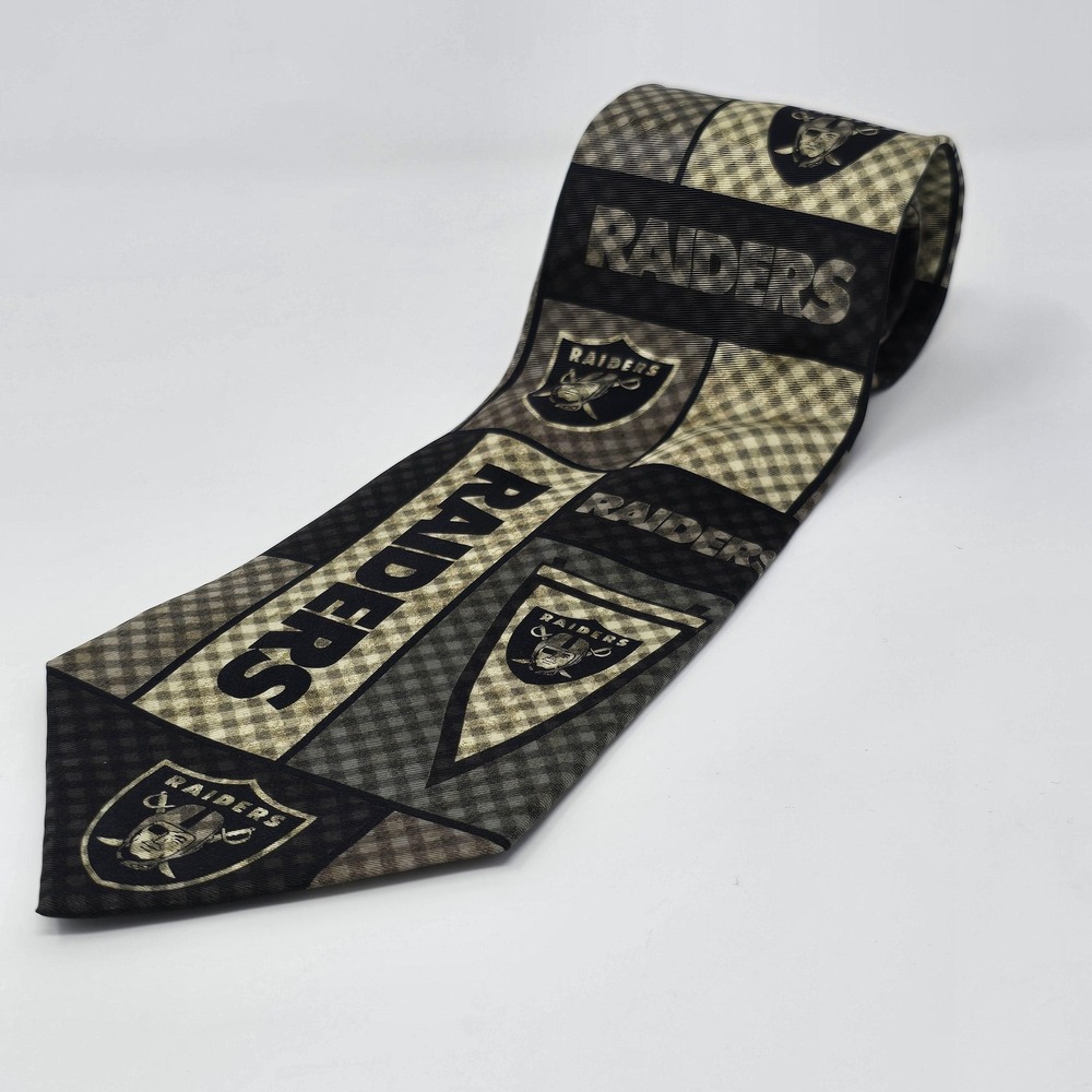 Oakland Raiders Tie Mens Black Silver Plaid Silk NFL Football Necktie Checkered